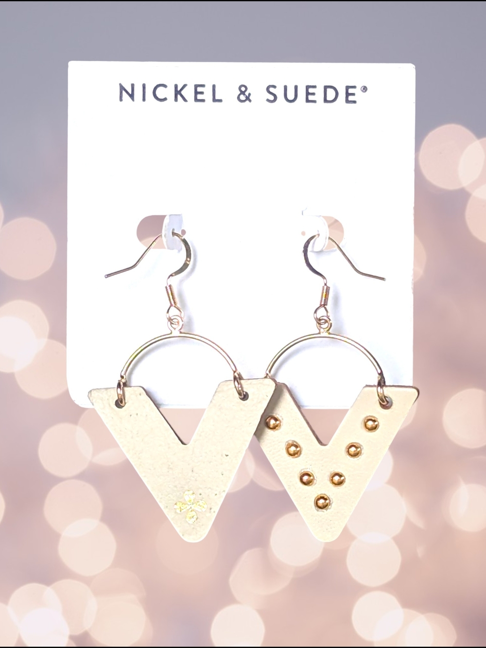 Ecru Studded "Sutton" Nickel & Suede Gold V-Shaped Hoop Drop Earrings New